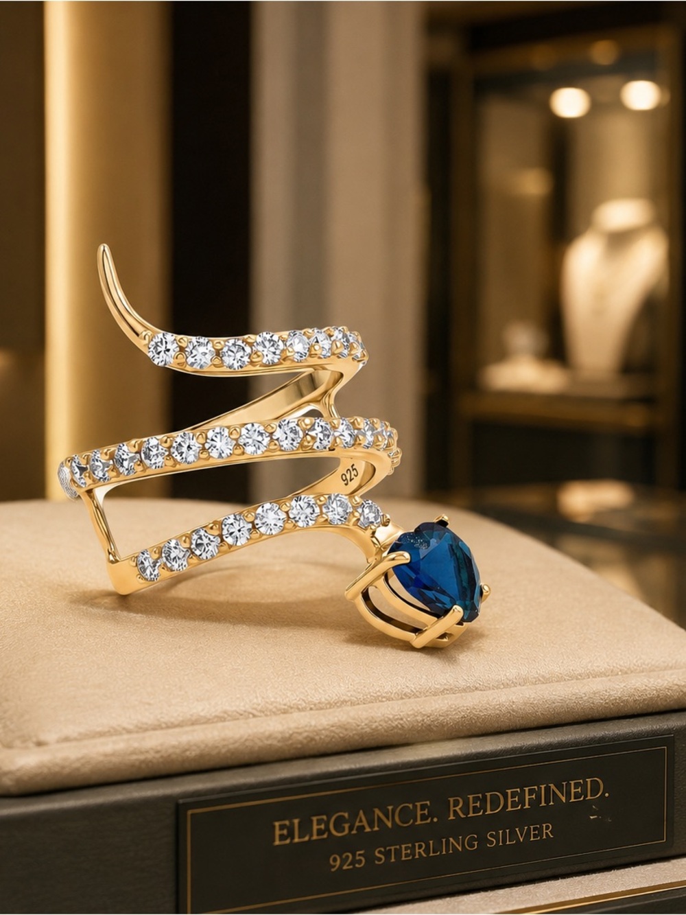 Cleopatra Snake 18k gold over 925 Silver Blue heart shaped spinel white zircon